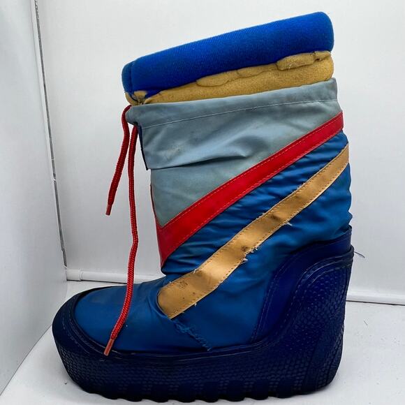 Vintage 80s Snow Boot Youth 4-5 Blue Nylon Stripe Winter Moon - Picture 4 of 12